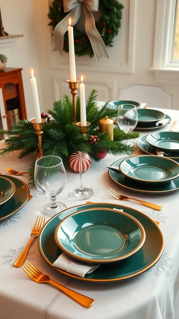 Elegant Christmas Table Decorations with Green Plates Christmas table setting with green plates, candles, and festive decorations.